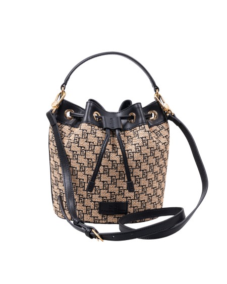 Shop ELISABETTA FRANCHI  Secchiello: Elisabetta Franchi bucket bag in jacquard raffia.
Hot-engraved logo plate.
Closure with ribbon.
Service shoulder strap for shoulder carrying.
Composition: 55% Polyester 45% Polyamide.
Made in Italy.. BS23A42E2-BD9PAGLIA/NERO
